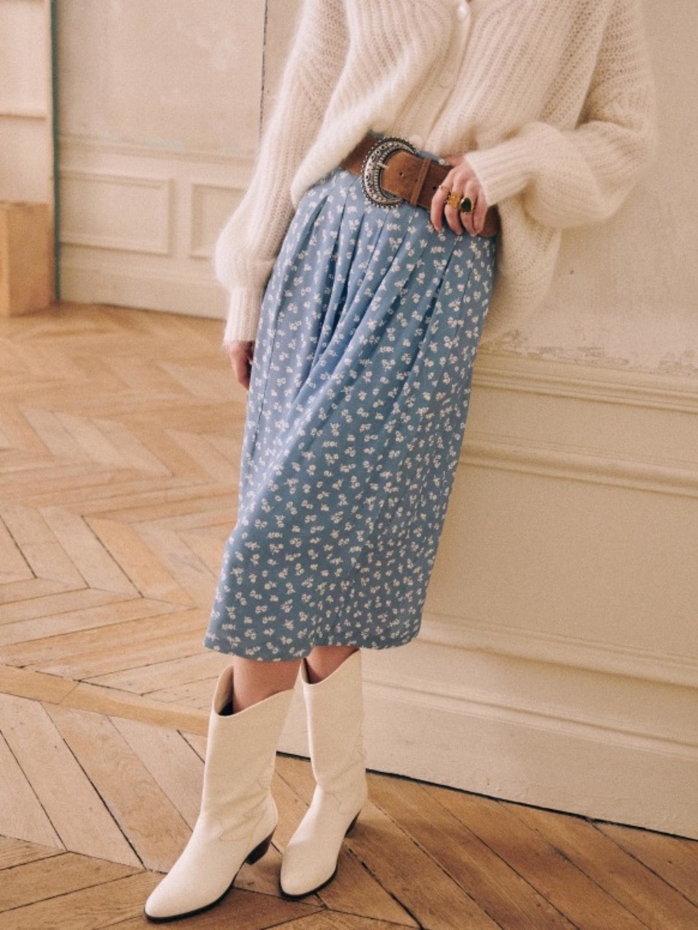Sezane Blue Floral Pleated Midi Skirt - Picture 3 of 5